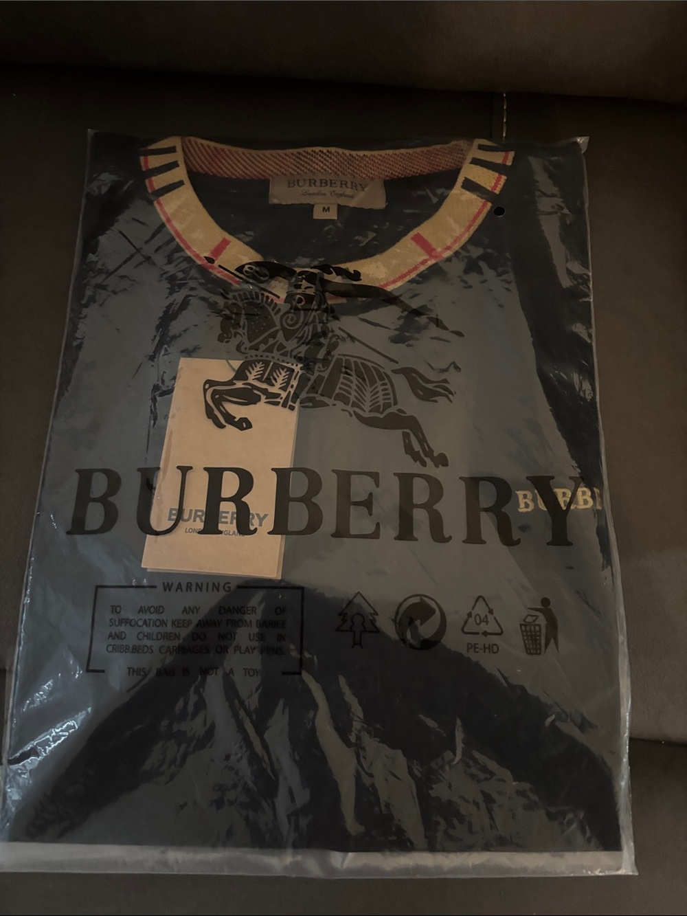 Burberry Navy Polo with Contrast Cream and Red-Trim Collar